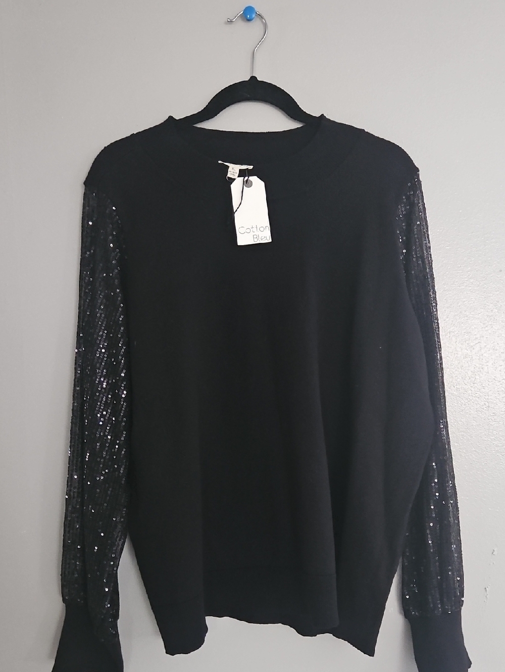 Sequin-Sleeve Black Crewneck Sweater